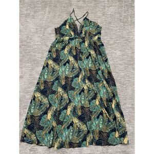 SHEIN Curve Dress Womens 2XL Green Leaf Print Tropical Beach Vacay Maxi V Neck